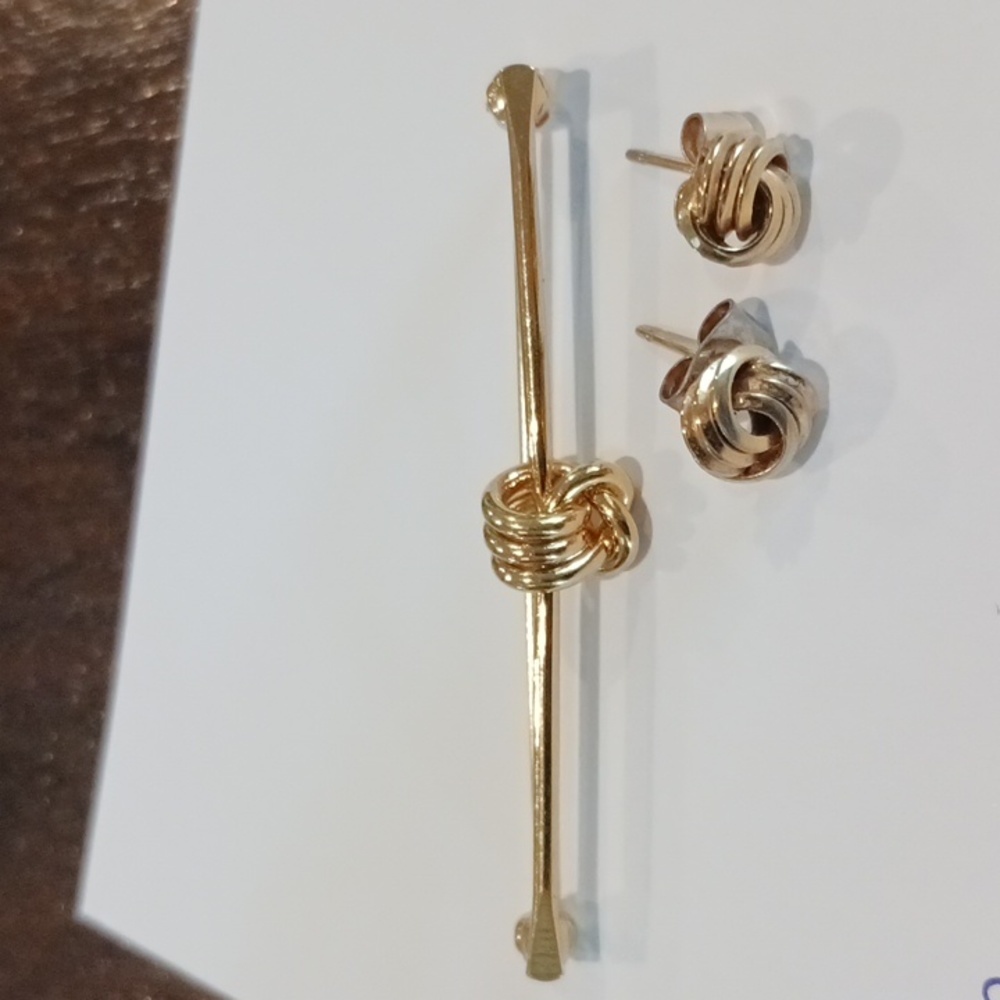 Monet Stud Pierced Earrings & Matching Brooch/ Pen, Knot Design Gold Tone